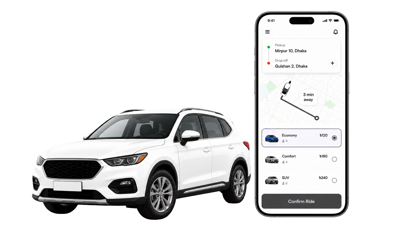 KabaKaba app booking interface with car